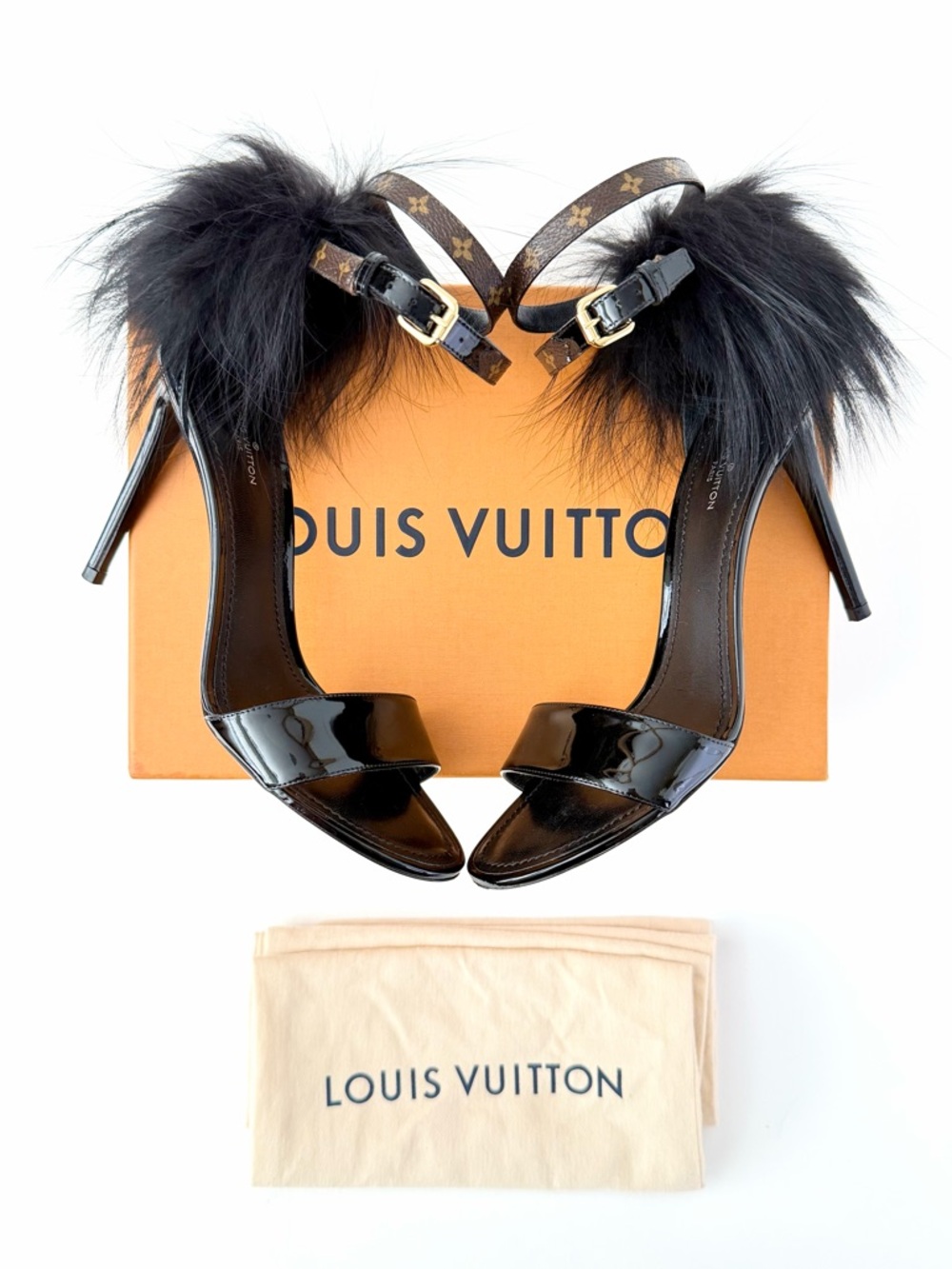 LOUIS VUITTON | Call Back Fur Sandals Monogram Strap Patent Heels EU 37.5